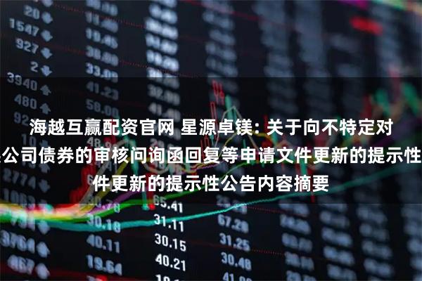 海越互赢配资官网 星源卓镁: 关于向不特定对象发行可转换公司债券的审核问询函回复等申请文件更新的提示性公告内容摘要